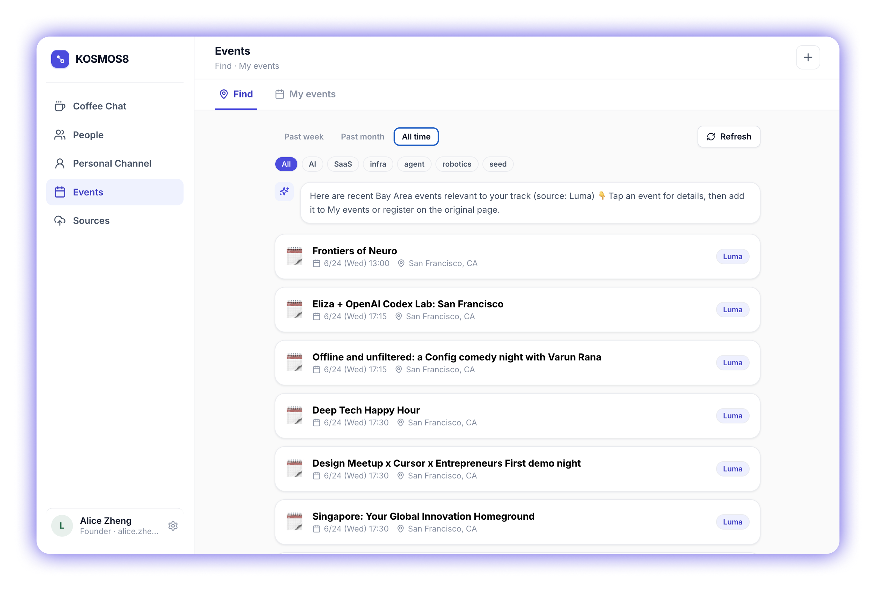 KOSMOS8 web dashboard events screen