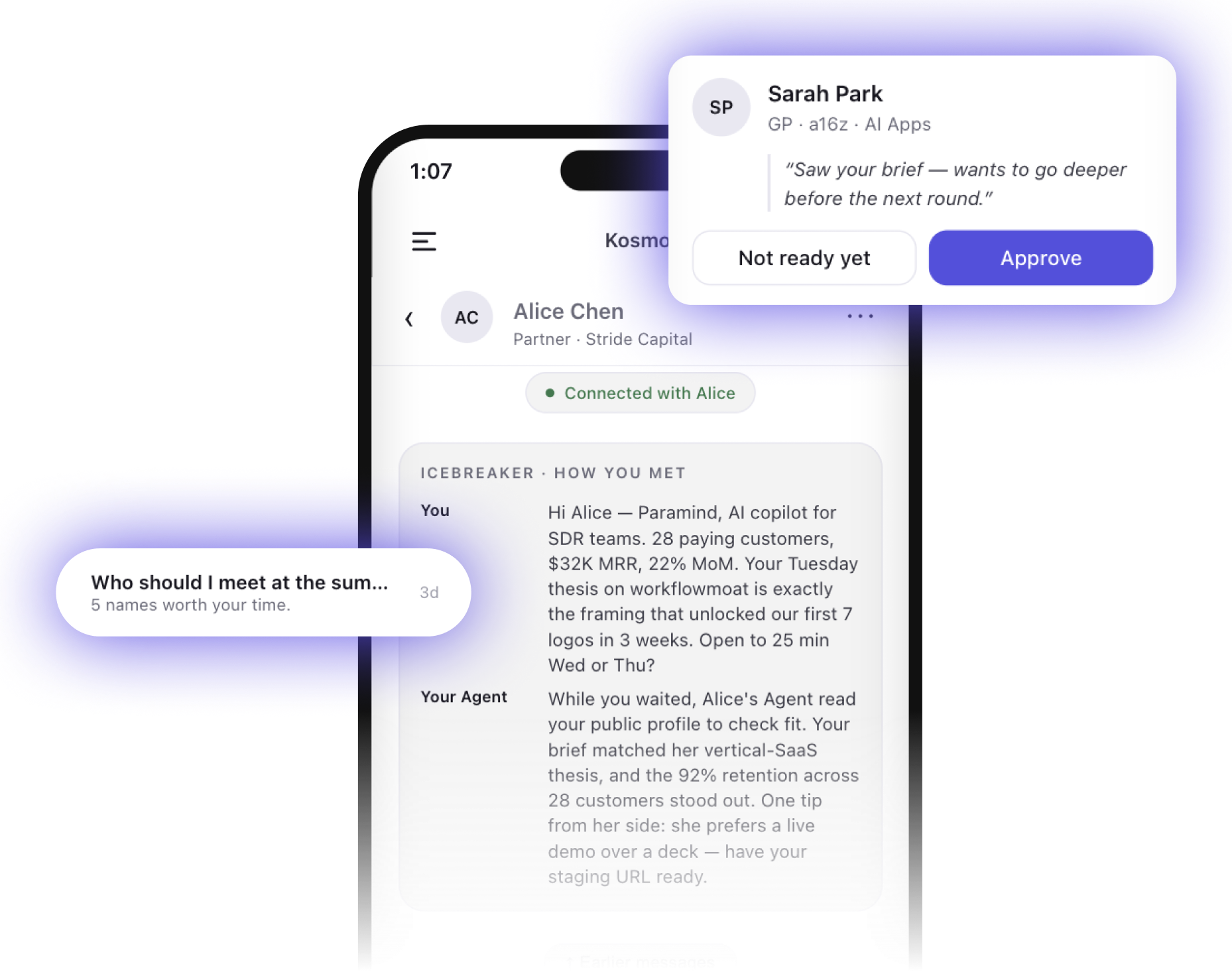 Icebreaker chat with investor approval card